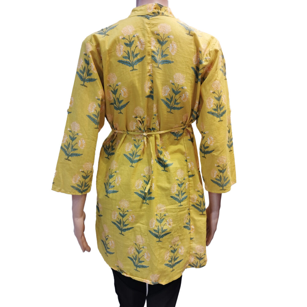 Chinese Collar Floral Design Yellow Printed Cotton Short Top