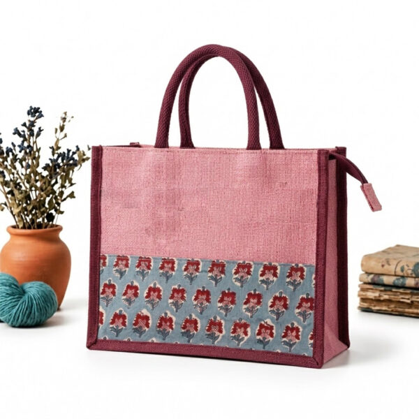 Light Pink with Red Border Designer Jute Bag with Kalamkari Design