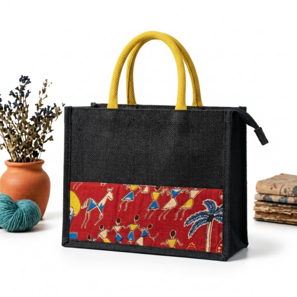 Black Yellow Designer Jute Bag with Kalamkari Design
