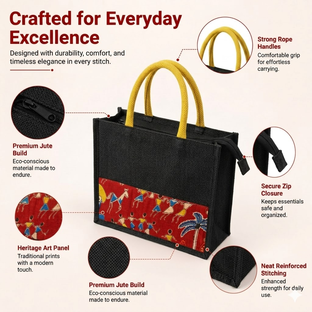 Black Yellow Designer Jute Bag with Kalamkari Design