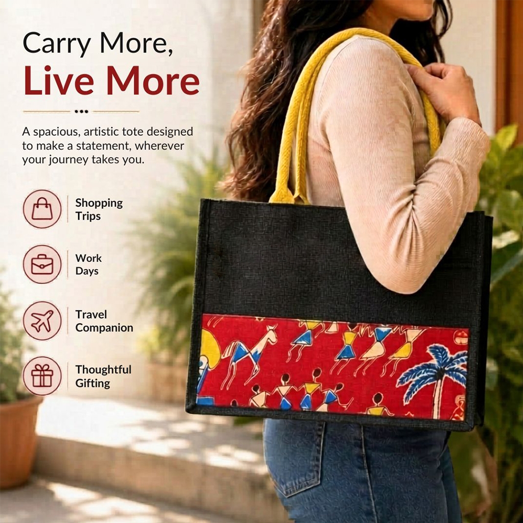 Black Yellow Designer Jute Bag with Kalamkari Design