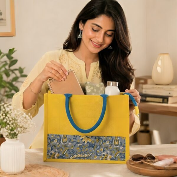 Yellow Blue Designer Jute Bag with Kalamkari Design