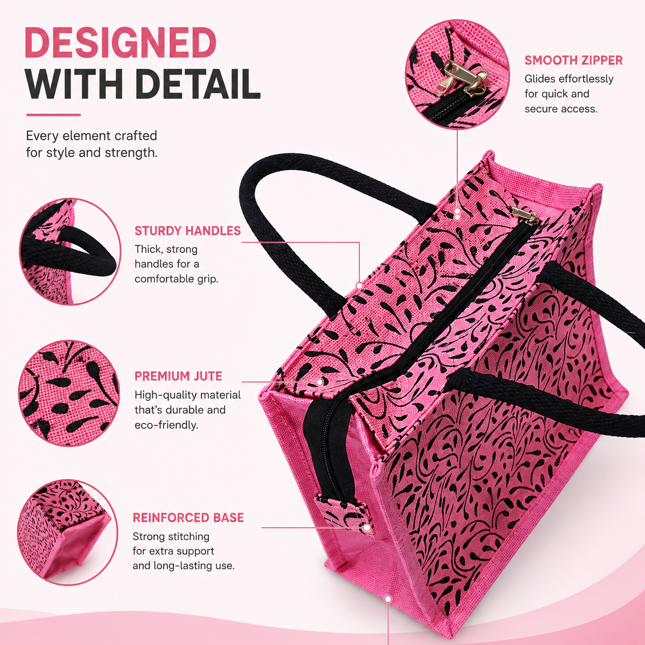 Printed Pink Designer Jute Bag