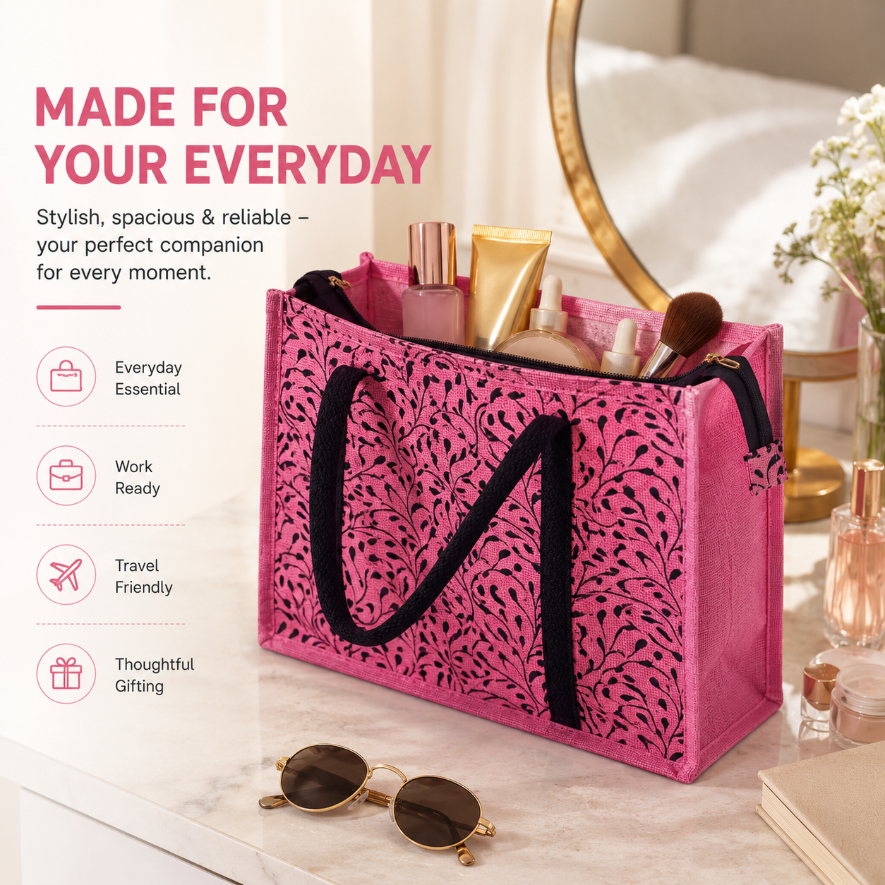Printed Pink Designer Jute Bag