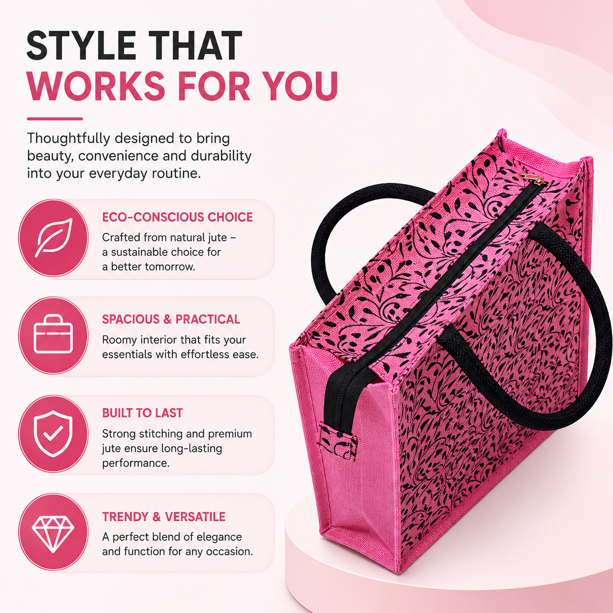 Printed Pink Designer Jute Bag